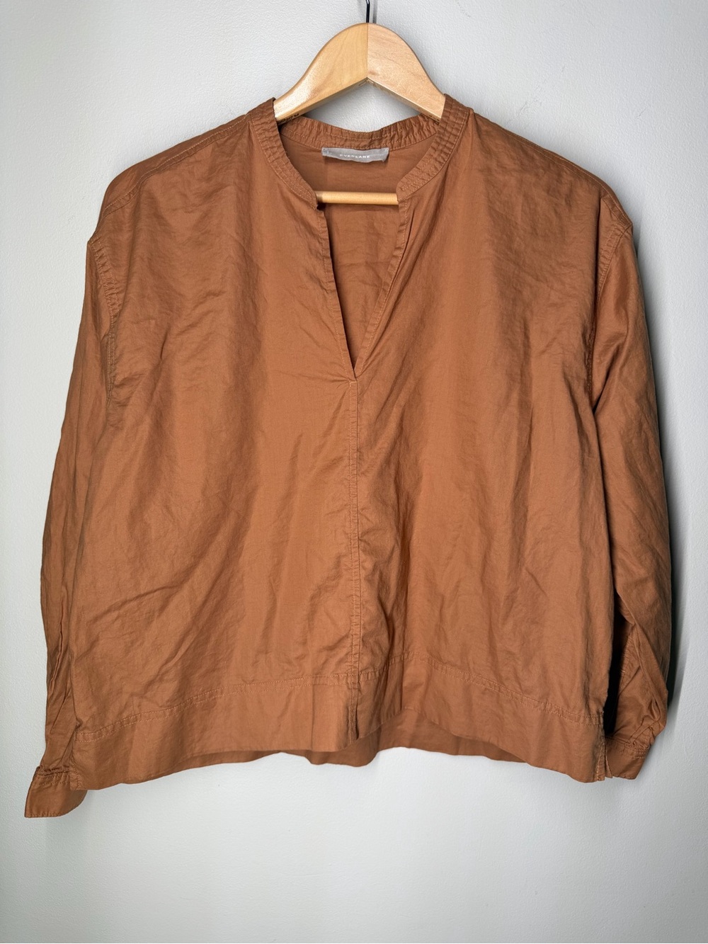 Everlane Boho Burnt Orange Cotton Popover Blouse Split Neck Relaxed Minimalist